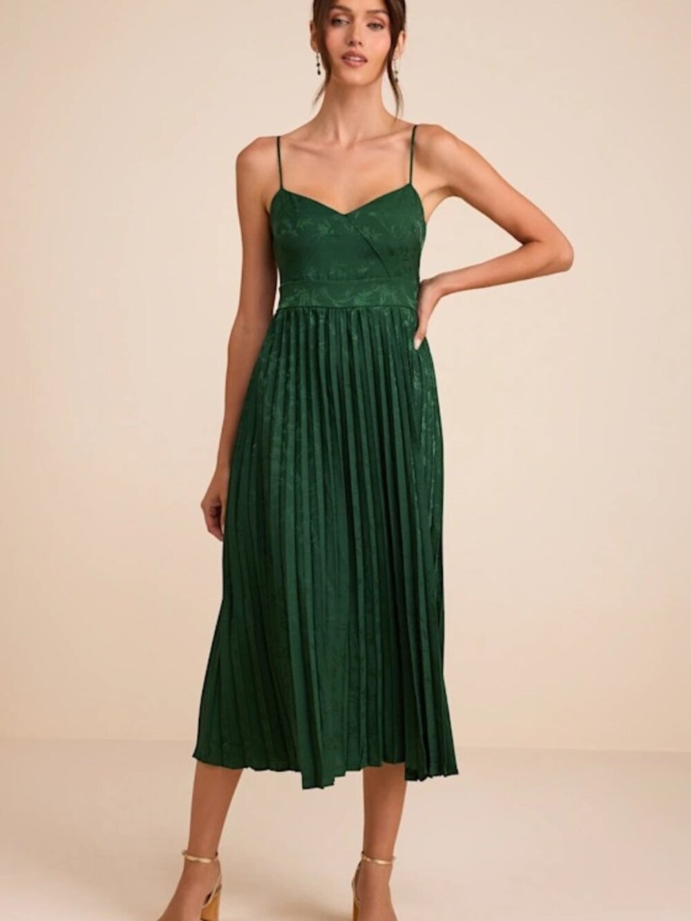 Lulu's Deep Green Satin Pleated Midi Dress